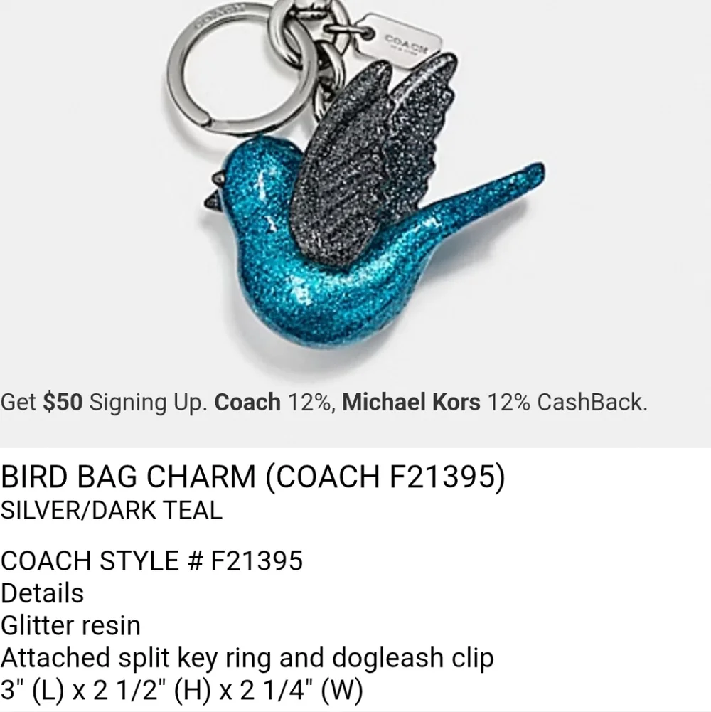 Very Rare Coach Teal Bird Glitter Resin Bag Charm Style #21395 - Picture 10 of 10